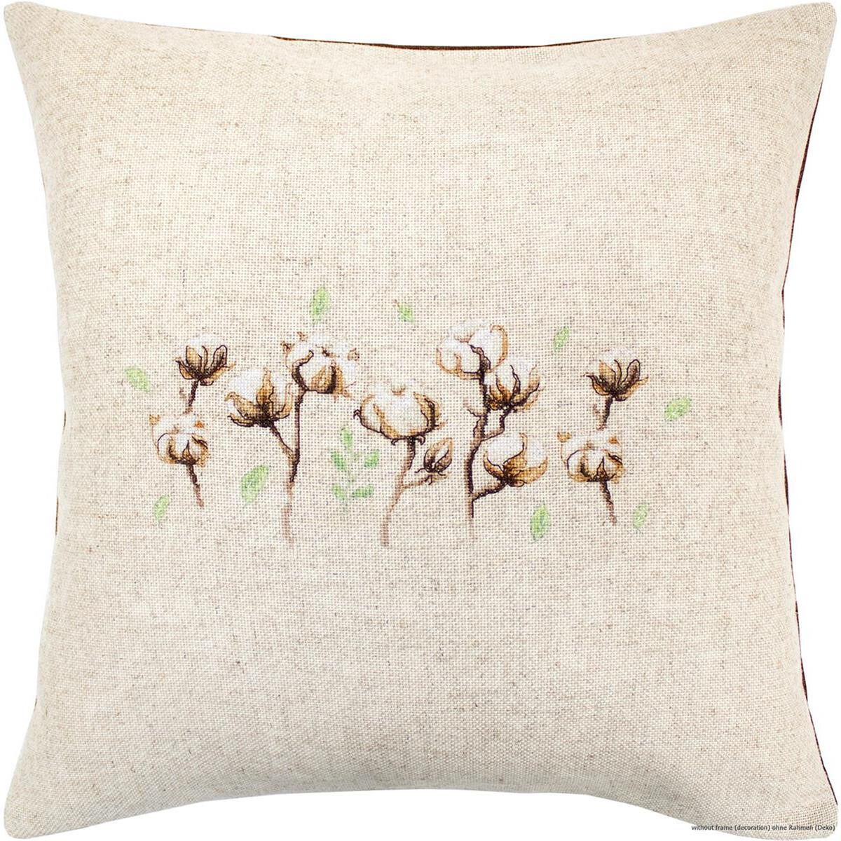 A square throw pillow with a beige textured fabric cover...