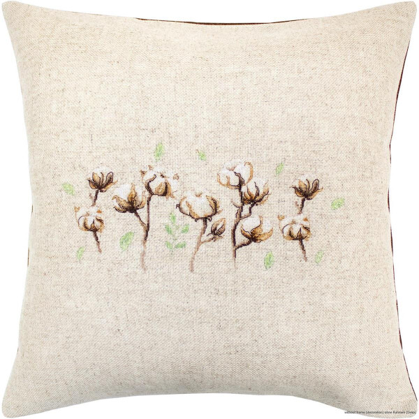 A square throw pillow with a beige textured fabric cover features an embroidered pattern of delicate cotton plant stems with white cotton bolls and small green leaves. The minimalist, nature-inspired pattern is centered on the pillow, giving it a cozy and rustic look reminiscent of a Luca-s embroidery pack.