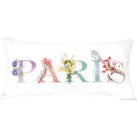 The word PARIS is written in colorful, floral letters on a rectangular white cushion. Each letter is decorated with different botanical motifs and a little bird sits on the letter S, giving the design a whimsical touch - perfect for anyone who appreciates beautifully detailed embroidery packs from Luca-s.