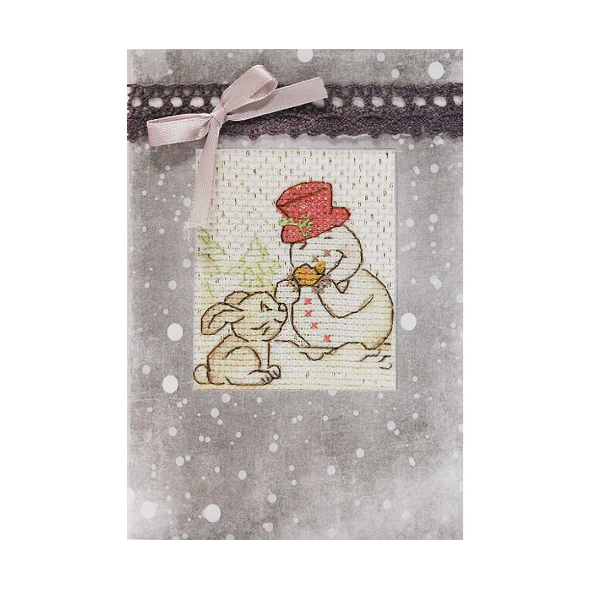 A festive card with an embroidered scene featuring a...