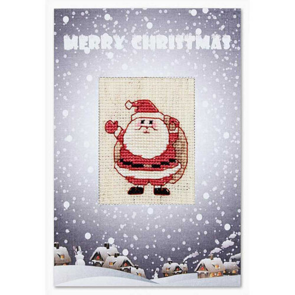 На рождественской открытке изображен вышитый крестиком Дед Мороз в центре, который держит в руках трость и машет рукой. На заднем плане - заснеженный пейзаж с белыми домиками внизу и надписью Счастливого Рождества праздничными белыми буквами вверху на фоне падающих снежинок. Идеально подходит для любого поклонника набора для вышивания Luca-s!