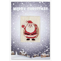 Eine Weihnachtskarte zeigt in der Mitte einen Weihnachtsmann im Kreuzstich, der einen Zuckerstock hält und winkt. Der Hintergrund zeigt eine verschneite Landschaft mit weißen Häusern unten und oben steht „Frohe Weihnachten“ in festlichen weißen Buchstaben inmitten fallender Schneeflocken. Perfekt für jeden Luca-s Stickpackung-Fan!