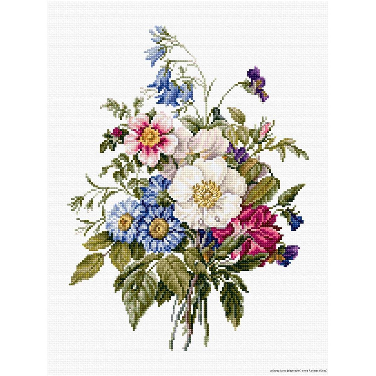 A detailed cross-stitch pattern shows a lively bouquet of...