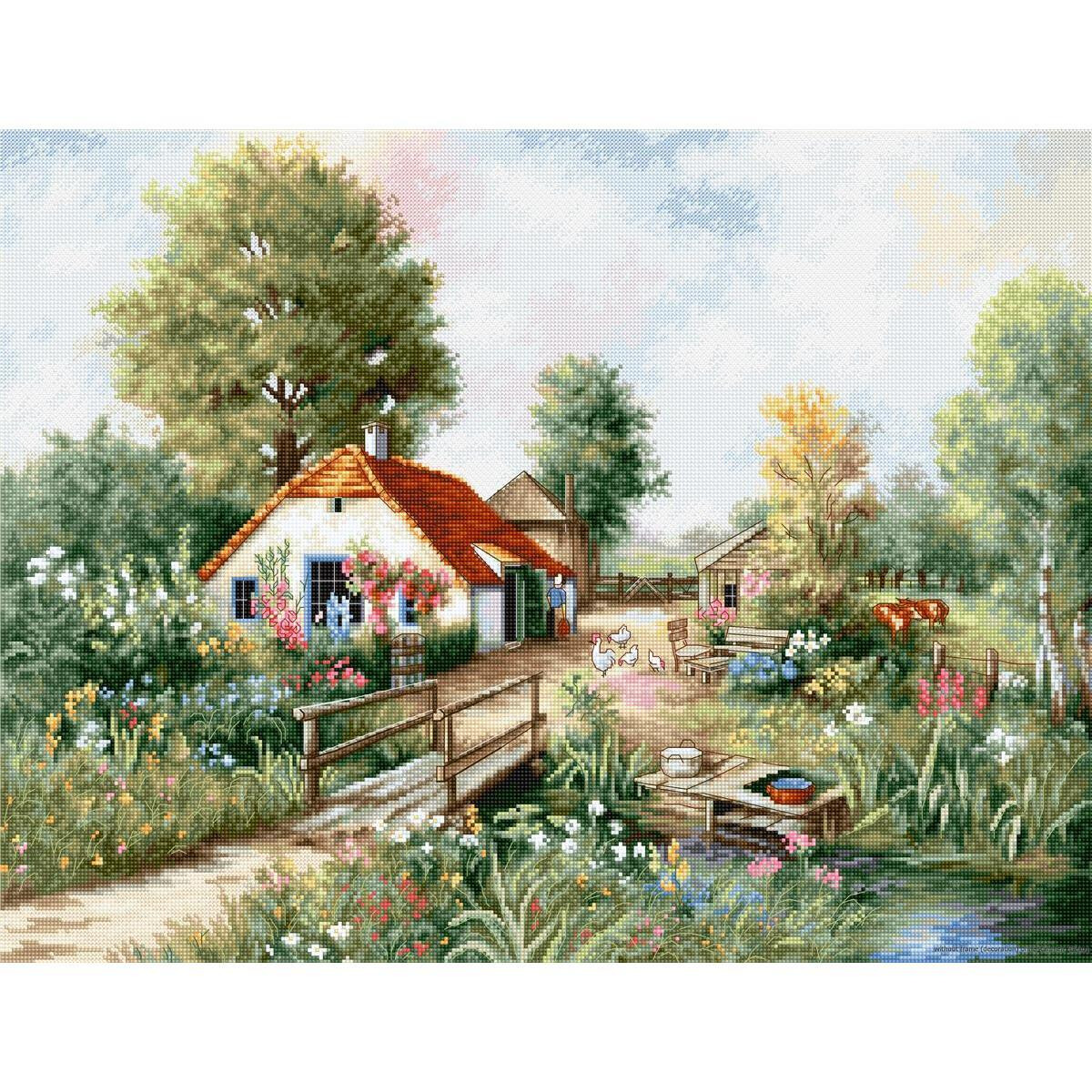 An enchanting rural scene shows a picturesque cottage...