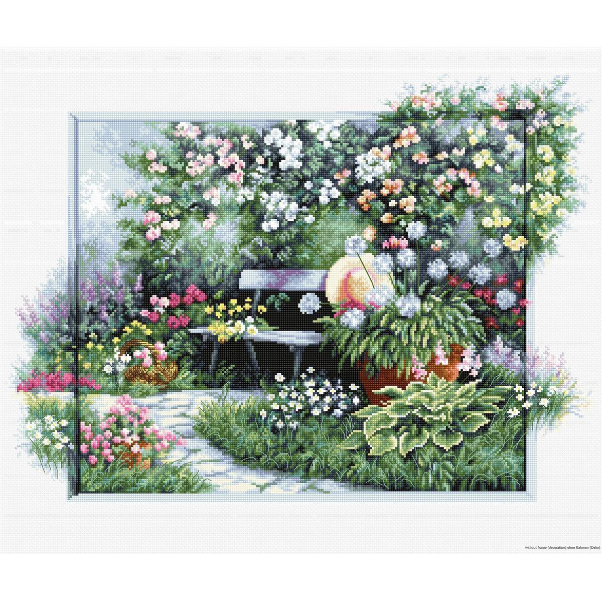 A vibrant garden scene features a stone path leading to a...