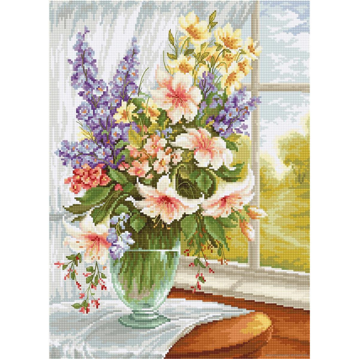 Eine Vase mit bunten Blumen, darunter rosa, gelbe,...