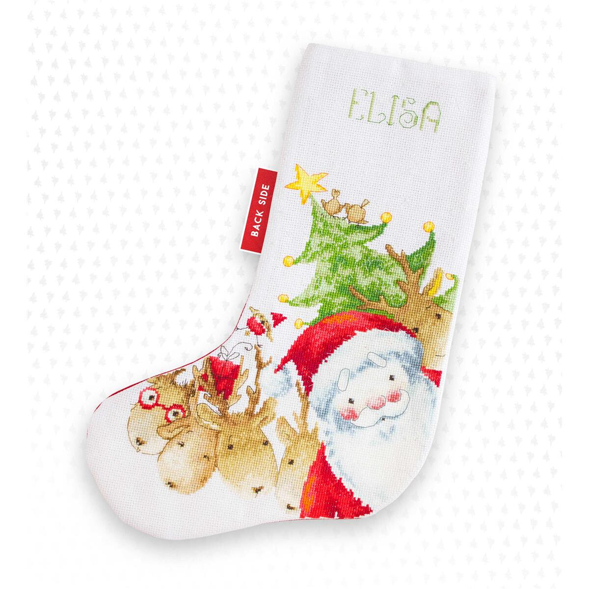 Una calza natalizia con limmagine di Babbo Natale e tre...