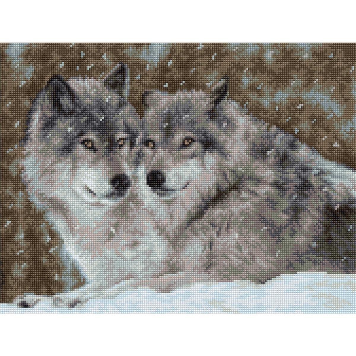 A detailed cross-stitch artwork shows two wolves lying...