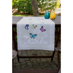 Vervaco bedruckter Tischläufer Stickset Schmetterlingstanz, Stickbild vorgezeichnet