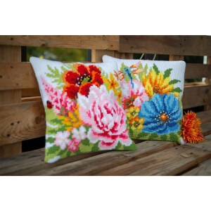 Vervaco cross stitch cushion flowers, embroidery pattern pre-drawn