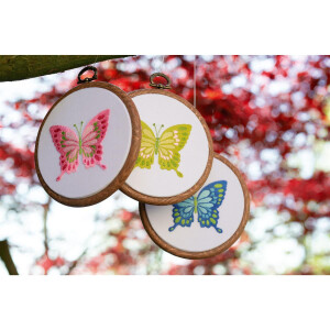 Vervaco Borduurpakket met borduurraam vlinder, set van 3, borduurmotief getekend