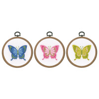 Vervaco Stickpackung mit Stickrahmen Schmetterling, 3er Set, Stickbild vorgezeichnet