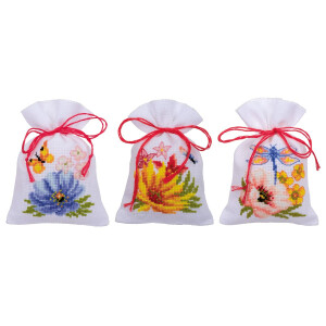 Vervaco Kräutertütchen Stickpackung Blumen, 3er Set, Zählmuster