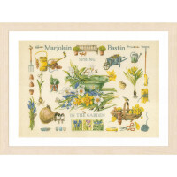 A framed illustration entitled Spring in the garden by Marjolein Bastin. It shows various garden tools, blooming flowers, a birdhouse, a watering can, bees and butterflies around a central bowl full of spring flowers. Inspired by cross-stitch template designs, the Lanarte embroidery pack is framed by light-colored wood.