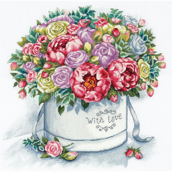 Panna counted cross stitch kit "Peonies in a Hat Box" 33x32cm, DIY
