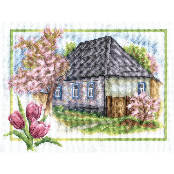 Panna kruissteek set "Spring in the village" 26x20cm, telpatroon