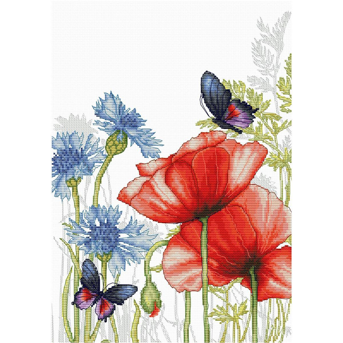 A vibrant cross stitch depicting red poppies and blue...