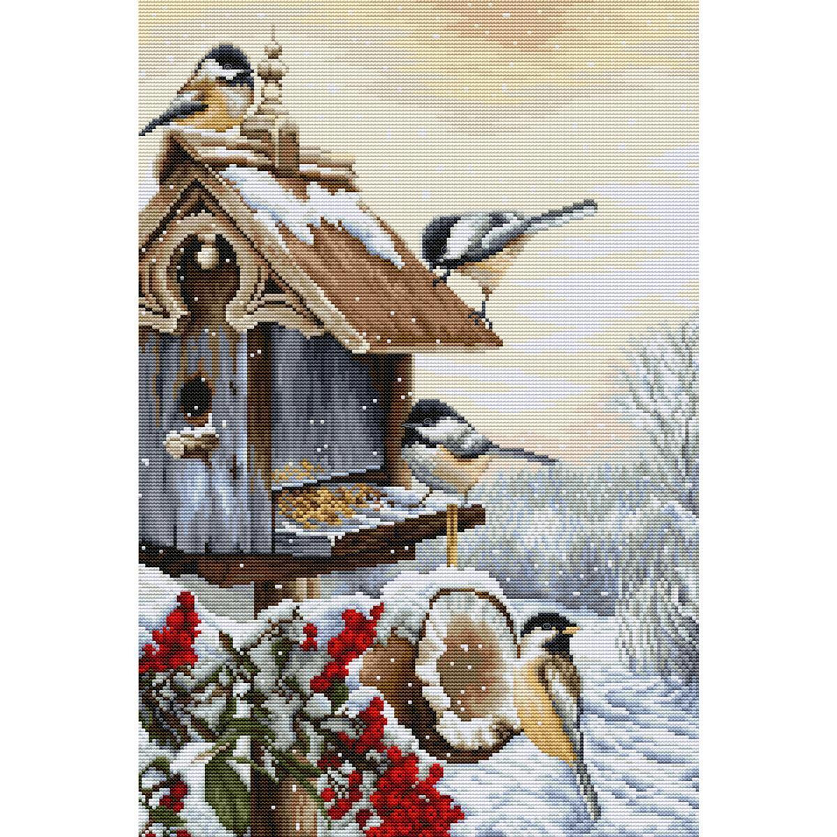 A snow-covered birdhouse is surrounded by four birds on a...