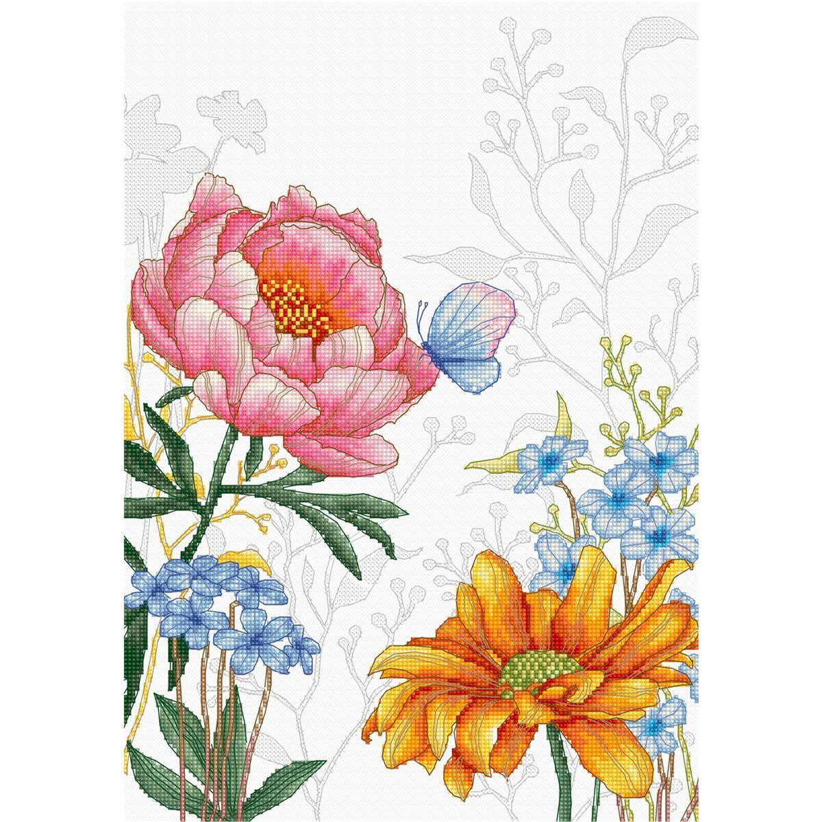 A vibrant floral cross stitch pattern or embroidery pack...