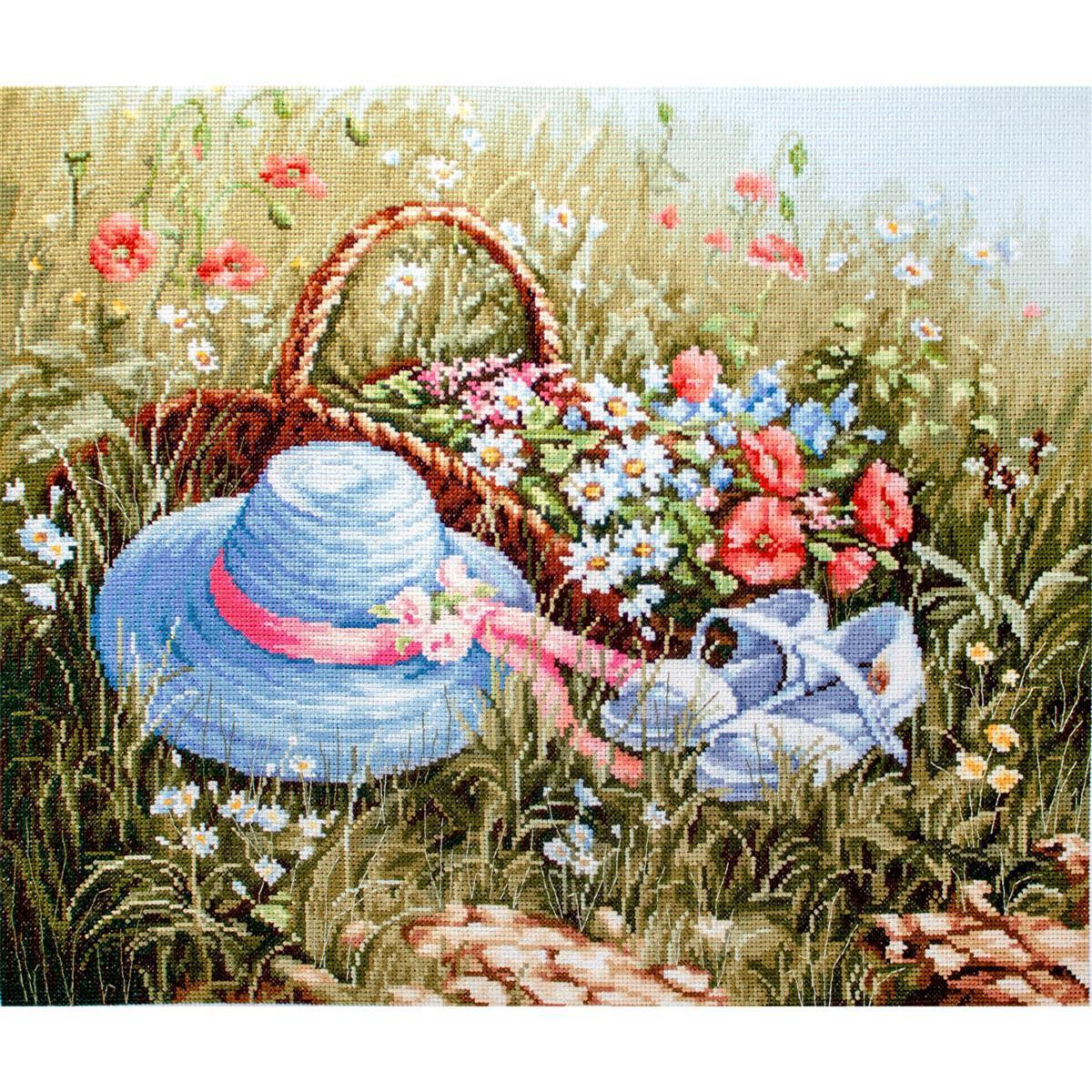 A colorful scene of a summer meadow with a straw basket...