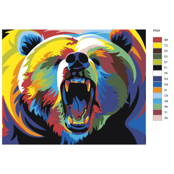 Schilderij op nummer "Brullende beer kleurrijk", 40x50cm, pa04