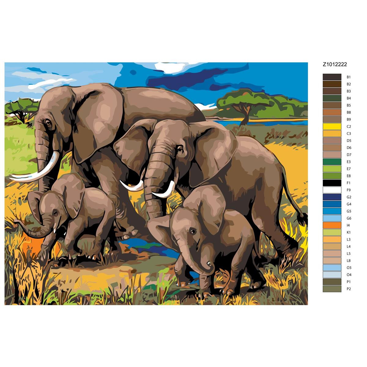 Pittura con i numeri "Elefanti sulla strada",...