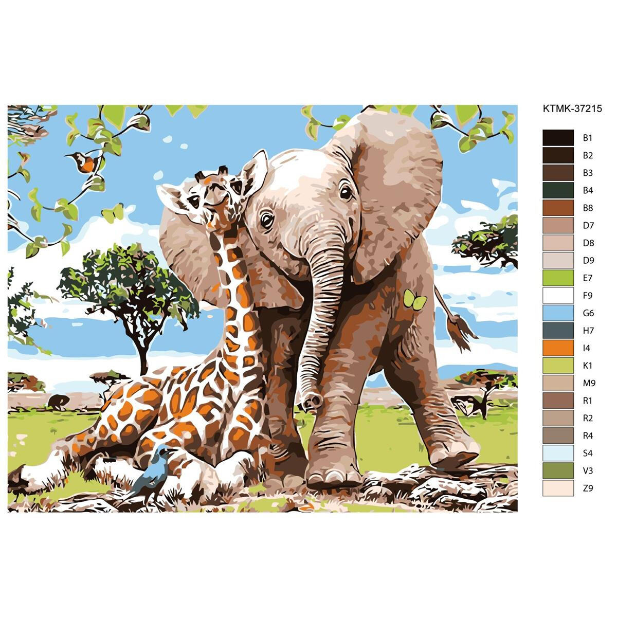 Schilderij met nummers "Giraffe met olifant",...