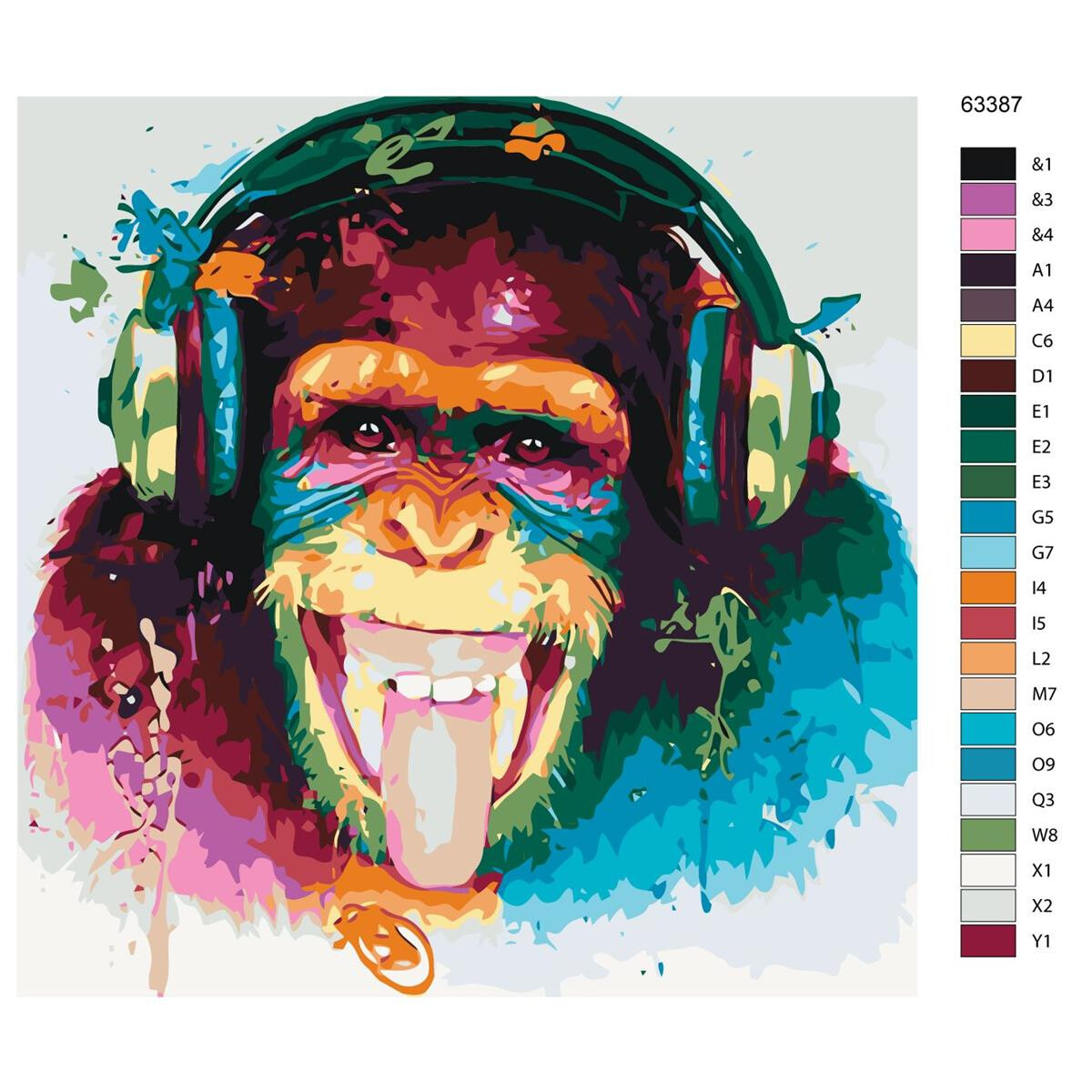 Schilderij met nummers "aap met hoofdtelefoon",...
