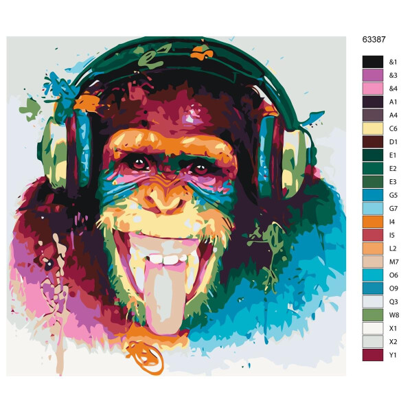Schilderij met nummers "aap met hoofdtelefoon", 40x40cm, ktmk-63387
