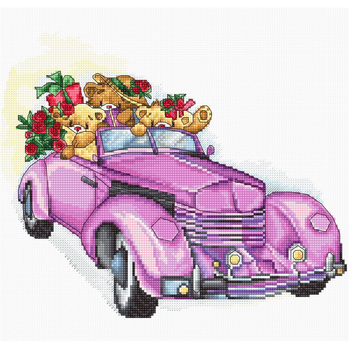 An embroidery pack design of a purple vintage car full of...