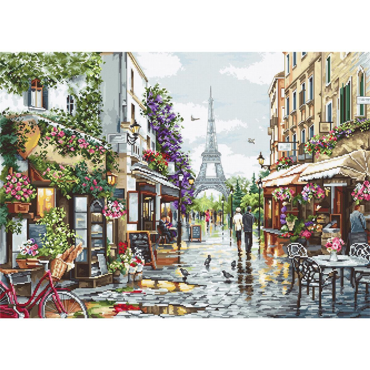 A lively Parisian city street offers cafés, stores...