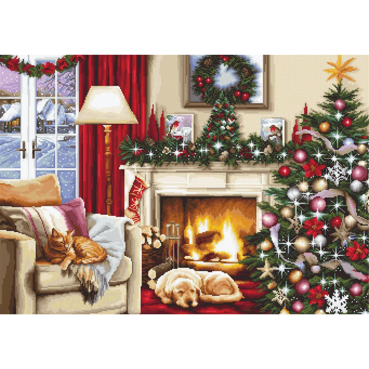A cozy Christmas scene with a living room with a...
