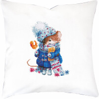 A decorative cushion shows a cross-stitch picture of a cute mouse wearing a blue winter coat, hat and scarf. The mouse is holding an orange candy cane in one hand and a yellow gift in the other. The background is plain white, which makes the colorful design of the Luca-s embroidery pack stand out.