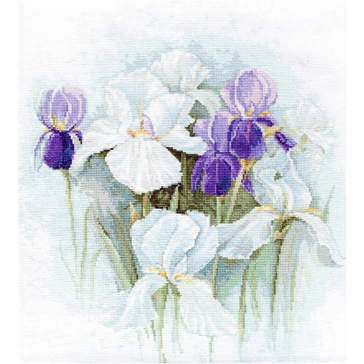Ein Aquarell, das eine Ansammlung von Irisblüten...