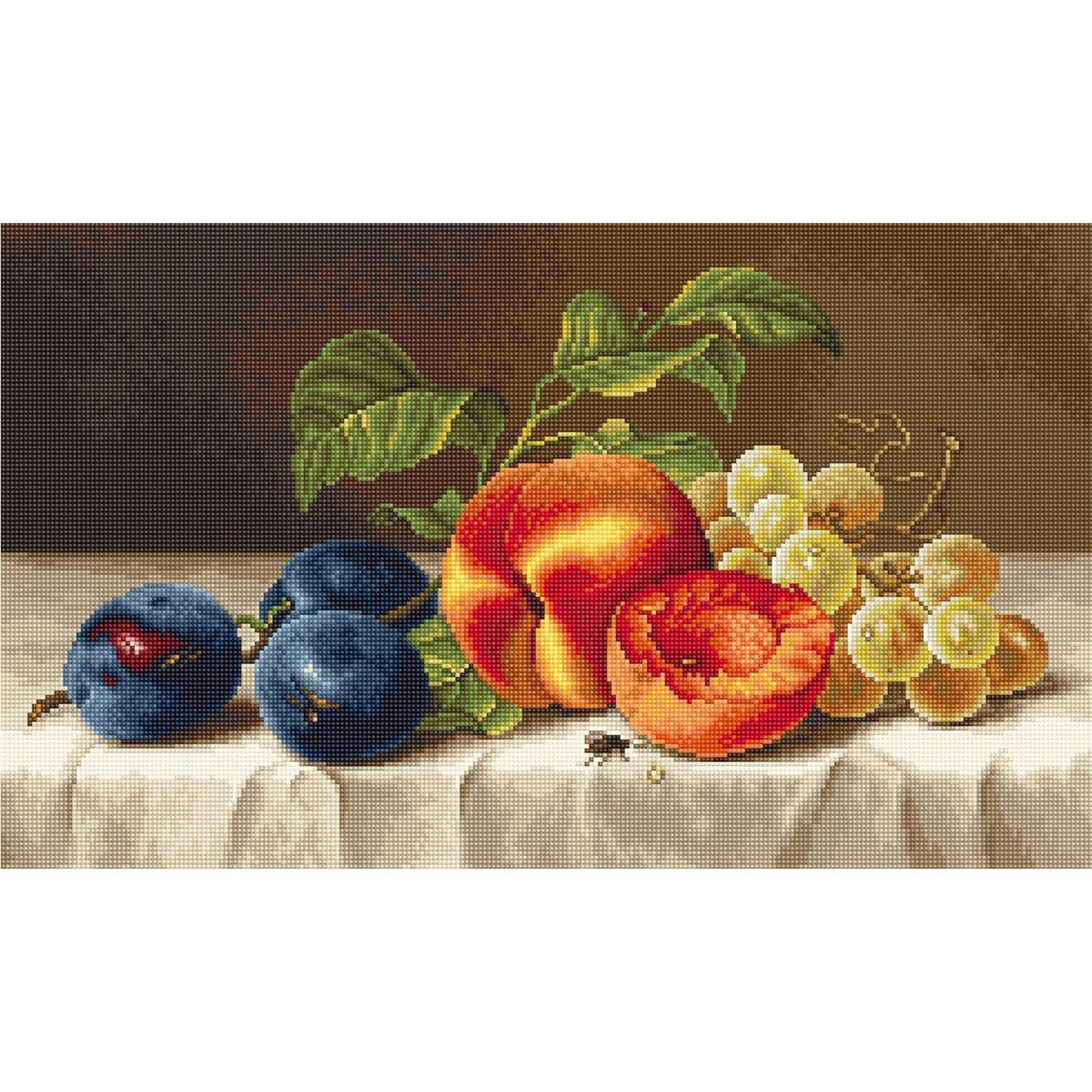 A lively still life with plums, peaches and grapes,...