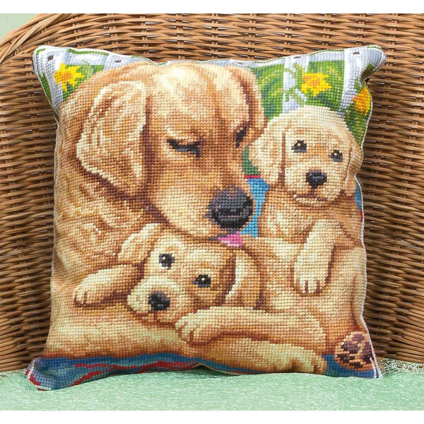 Panna counted cross stitch kit cushion  "Puppies with Mother (Cushion Front)", 30x30cm, DIY