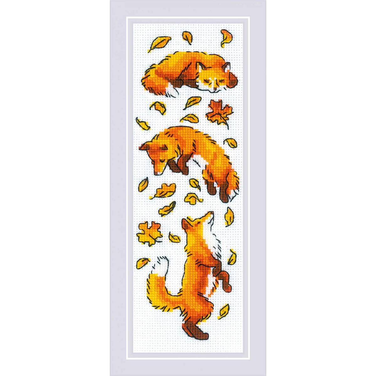 Иллюстрация трех игривых лисиц в окружении падающих...