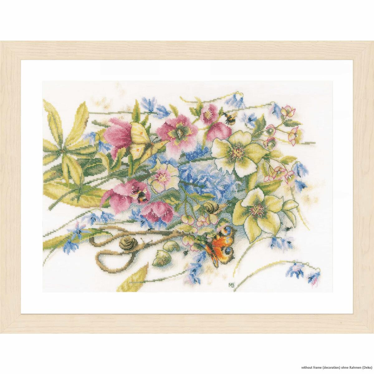 A framed work of art shows a colorful floral arrangement...