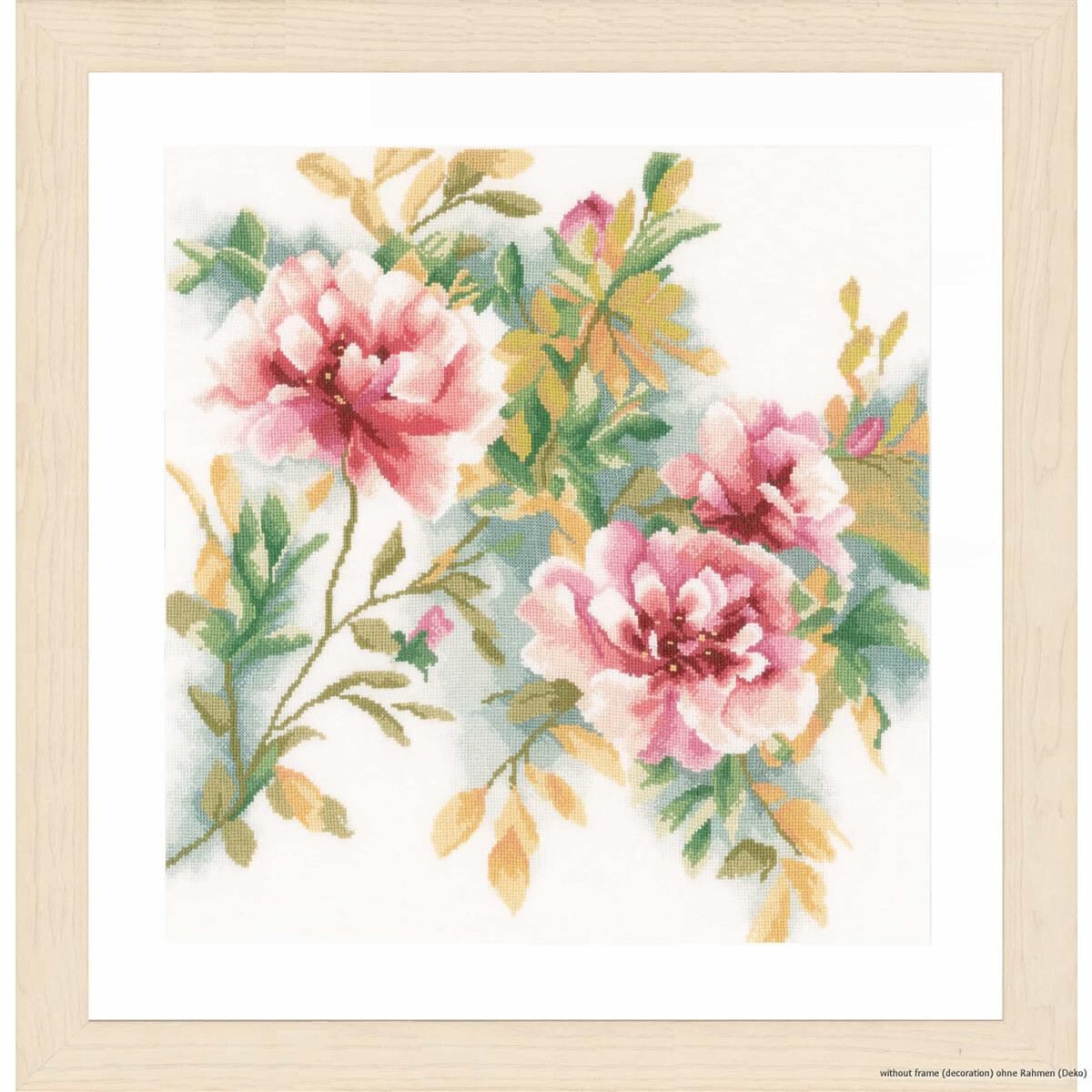 A framed floral embroidery artwork featuring three large...