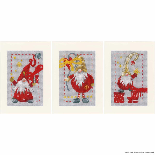 Vervaco Greeting card cross stitch kit "Christmas gnomes set of 3", counted, DIY