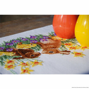 Vervaco table runner cross stitch kit "Rabbits with chicks", counted, DIY