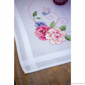 Vervaco bedrukte tafelloper kruissteek set "bloemen en vlinders", afbeelding voorgetekend