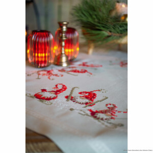 Vervaco tablecloth cross stitch kit "Christmas gnomes skiing", stamped, DIY