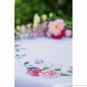 Vervaco bedrukt tafelkleed kruissteek set "bloemen en vlinders", afbeelding voorgetekend