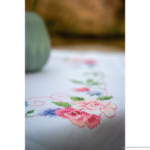 Vervaco tablecloth cross stitch kit "Flowers and butterflies", stamped, DIY