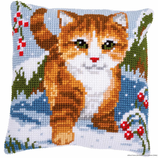 Vervaco cross stitch kit cushion "Cat in the snow", stamped, DIY