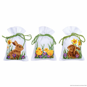 Vervaco herbal bags cross stitch kit "Rabbits with chicks set of 3", counted, DIY
