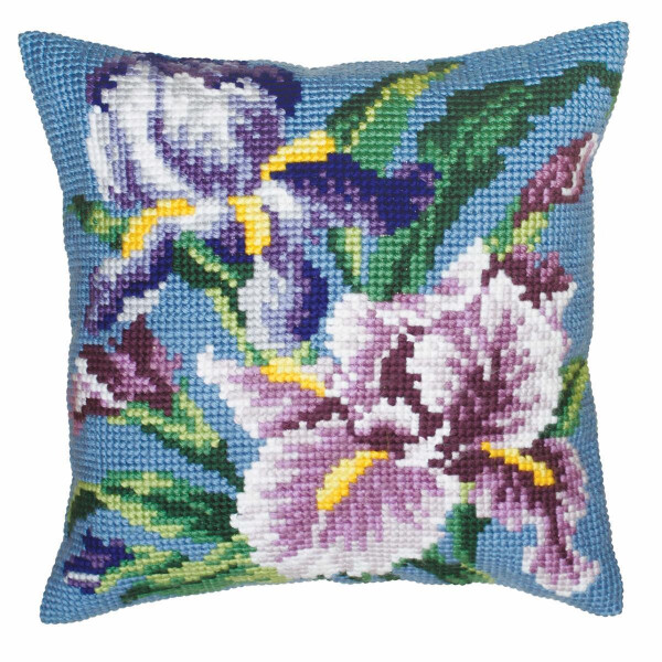 Collection D-Art kruissteekkussen "Iris paars" 5050, 40x40cm, borduurpatroon getekend