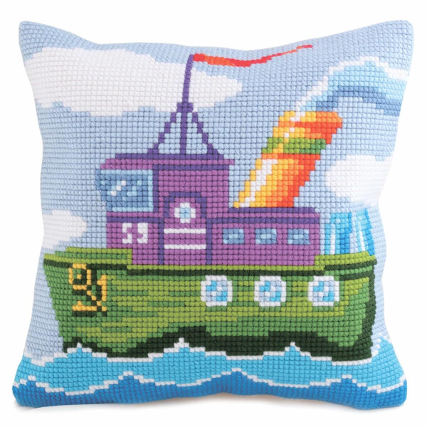 CdA stamped cross stitch kit cushion "Mighty Tug - Boat" 5175, 40x40cm, DIY