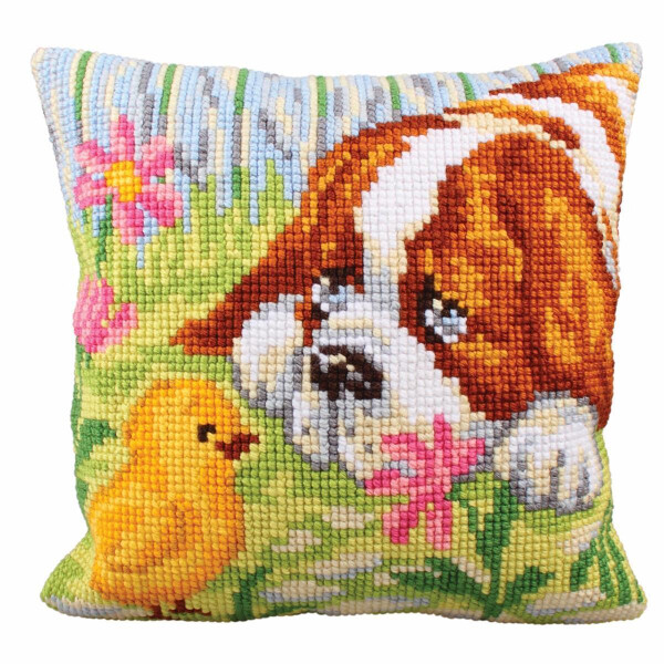 CdA stamped cross stitch kit cushion "Encounter - Dog and baby chick" 5209, 40x40cm, DIY